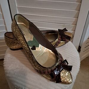 Kenzie Gold Glitter Flats with Brown Bow